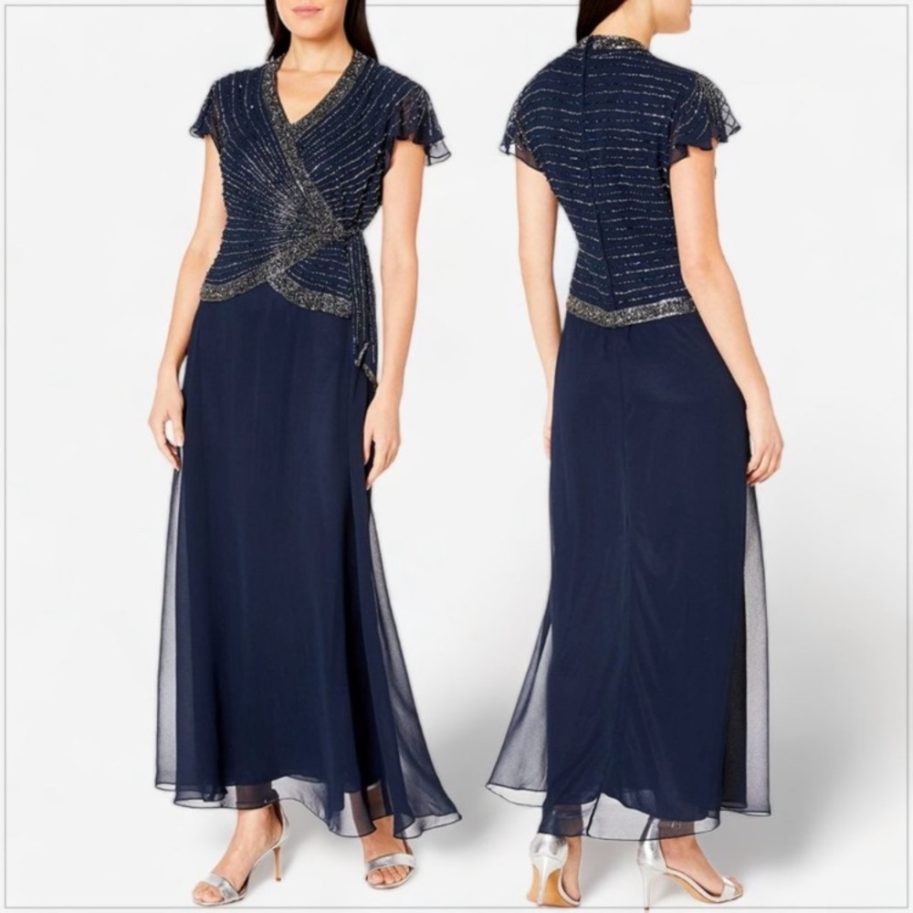 Nwt JKara  Navy Chiffon Embellished Evening Dress Gown - Picture 6 of 14